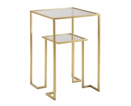 Art deco čtvercový dvojitý příruční stolek Damin se dvěma skleněnými deskami nad sebou s kovovou zlatou konstrukcí 60 cm