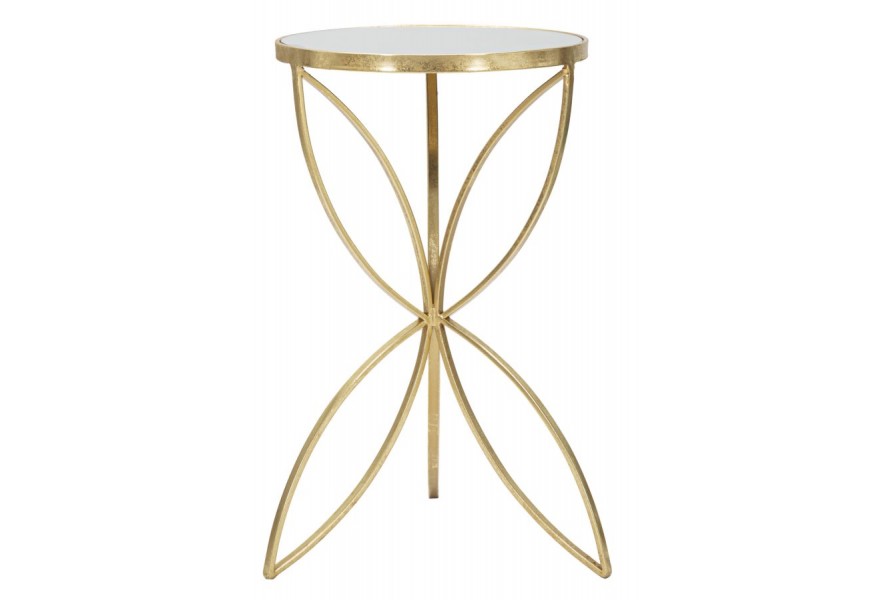 Glamour příruční stolek Kolan s geometrickou nohou s motýlím motivem z kovu ve zlaté barvě s vrchní deskou v kulatém tvaru se zrcadlem