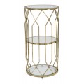 Art Deco příruční stolek Celestia s kovovou konstrukcí a skleněnými deskami ve zlaté barvě a geometrickým designem 71 cm