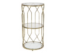 Art Deco příruční stolek Celestia s kovovou konstrukcí a skleněnými deskami ve zlaté barvě a geometrickým designem 71 cm