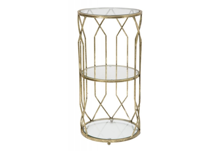 Glamour příruční stolek Celestia s kovovou konstrukcí a skleněnými deskami ve zlaté barvě s geometrickým designem