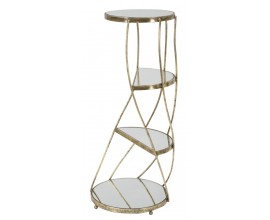 Art deco příruční stolek Celestia s kulatou vrchní deskou ze zrcadlového skla a třemi policemi se zlatou konstrukcí 86 cm
