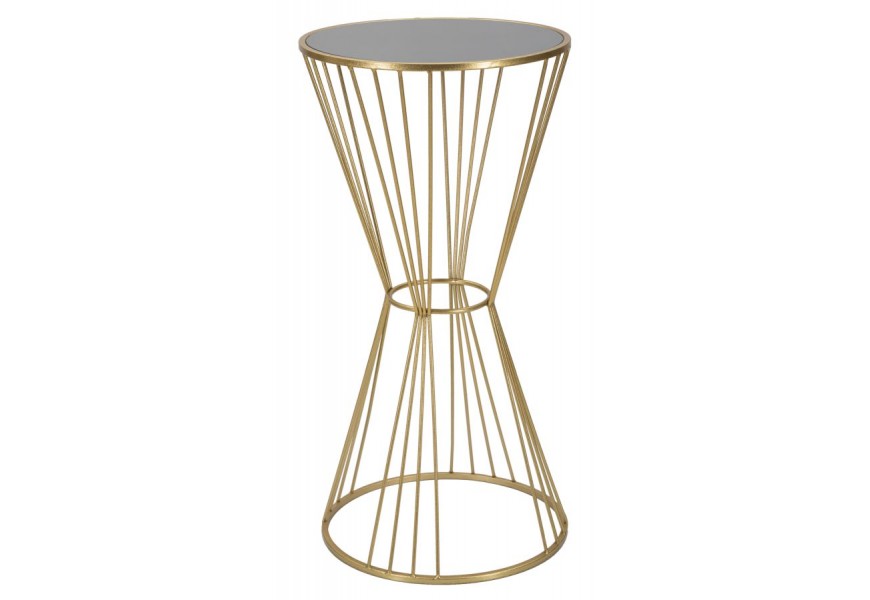 Art deco kulatý kovový zlatý příruční stolek Samer s nohou ve tvaru přesýpacích hodin s vrchní černou skleněnou deskou 100 cm