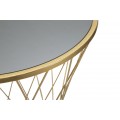 Art deco kulatý zlatý kovový příruční stolek Lina se skleněnou deskou s tmavým zabarvením a nohou s proplétanými tyčemi 100 cm