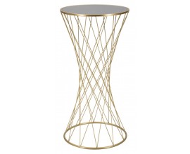 Art deco kulatý zlatý kovový příruční stolek Lina se skleněnou deskou s tmavým zabarvením a nohou s proplétanými tyčemi 100 cm
