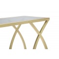 Art deco obd&eacute;ln&iacute;kov&yacute; zlat&yacute; kovov&yacute; př&iacute;ručn&iacute; stolek Magnus s geometrickou nohou a skleněnou průhlednou černou deskou 60 cm