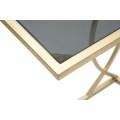 Art deco obd&eacute;ln&iacute;kov&yacute; zlat&yacute; kovov&yacute; př&iacute;ručn&iacute; stolek Magnus s geometrickou nohou a skleněnou průhlednou černou deskou 60 cm
