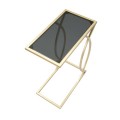 Art deco obd&eacute;ln&iacute;kov&yacute; zlat&yacute; kovov&yacute; př&iacute;ručn&iacute; stolek Magnus s geometrickou nohou a skleněnou průhlednou černou deskou 60 cm