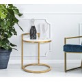 Designový glamour bílý příruční stolek Aurelia kulatého tvaru s mramorovým vzorem se zlatou konstrukcí 50 cm