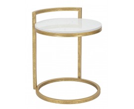 Designový glamour bílý příruční stolek Aurelia kulatého tvaru s mramorovým vzorem se zlatou konstrukcí 50 cm