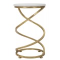 Designový art deco kulatý příruční stolek Vortex s bílou vrchní deskou s mramorovým efektem se spirálovou kovovou konstrukcí ve zlaté barvě s patinovaným povrchem