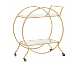 Designový glamour zlatý servírovací vozík Orbis s kulatou kovovou konstrukcí na kolečkách se dvěma zrcadlovými policemi 78 cm