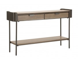 Industri&aacute;ln&iacute; obd&eacute;ln&iacute;kov&yacute; hněd&yacute; konzolov&yacute; stolek Lavient s kovovou hnědou konstrukc&iacute; a dvěma z&aacute;suvkami s poličkou 120 cm