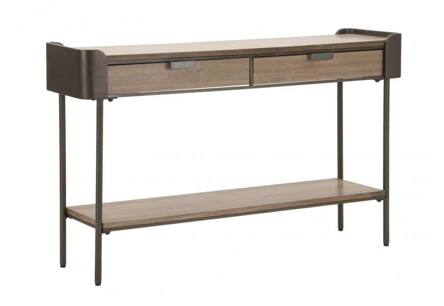 Moderní konzolový stolek Lavient z masivního dřeva v hnědé barvě s konstrukcí a oblými rohy v hnědé barvě a dvěma šuplíky a jednou poličkou