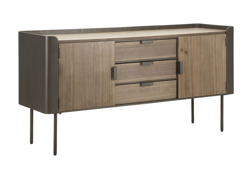 Moderní příborník Lavient z masivního dřeva v hnědé barvě s konstrukcí z kovu s oblými rohy se dvěma dvířky a třemi zásuvkami