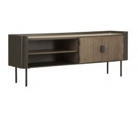 Industri&aacute;ln&iacute; obd&eacute;ln&iacute;kov&yacute; hněd&yacute; masivn&iacute; TV stolek Lavient s kovovou konstrukc&iacute; se dvěma poličkami a dvěma dv&iacute;řky 150 cm
