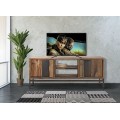 Industriální dvoudveřový masivní obdélníkový hnědý TV stolek Berignone se dvěma poličkami a kovovou konstrukcí 145 cm