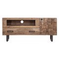 Masivn&iacute; modern&iacute; TV stolek Cubilio z hněd&eacute;ho ak&aacute;ciov&eacute;ho dřeva s čern&yacute;mi kovov&yacute;mi nožičkami mozaikov&yacute;mi dv&iacute;řky 145 cm