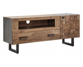Masivn&iacute; modern&iacute; TV stolek Cubilio z hněd&eacute;ho ak&aacute;ciov&eacute;ho dřeva s čern&yacute;mi kovov&yacute;mi nožičkami mozaikov&yacute;mi dv&iacute;řky 145 cm