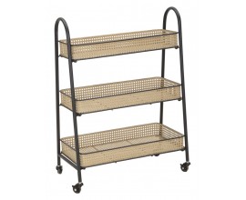 Etno trojitý ratanový regál Aran s vídeňským béžovým výpletem s kovovou černou konstrukcí na kolečkách 80 cm