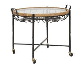 Modern&iacute; designov&yacute; kulat&yacute; kovov&yacute; př&iacute;ručn&iacute; stolek Pavone s čern&yacute;mi nožičkami se skleněnou deskou s ratanov&yacute;m r&aacute;mem 70 cm