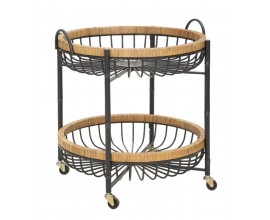 Modern&iacute; kulat&yacute; kovov&yacute; dvojit&yacute; čern&yacute; př&iacute;ručn&iacute; stolek Pavone na kolečk&aacute;ch s ratanov&yacute;m hněd&yacute;m r&aacute;mem 62 cm