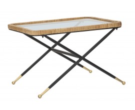 Designový obdélníkový hnědý ratanový konferenční stolek Pavone s kovovými nožičkami se zlatým detailem a skleněnou deskou 70 cm