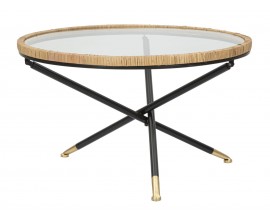 Modern&iacute; kulat&yacute; konferenčn&iacute; stolek Pavone s vrchn&iacute; skleněnou deskou s ratanov&yacute;m r&aacute;mem s překř&iacute;žen&yacute;mi čern&yacute;mi nožičkami 80 cm