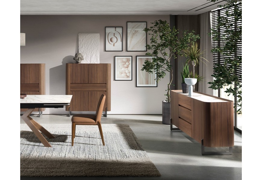 Luxusní minimalistická sestava nábytku do jídelny Vita Naturale z masivního dřeva v ořechové hnědé barvě s vrchními deskami s bílým mramorovým designem a koženým koňakově hnědým potahem židle
