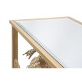 Designový glamour zlatý konzolový stolek Floral s obdélníkovou zrcadlovou deskou a kovovou podstavou s florálním zdobením 114 cm