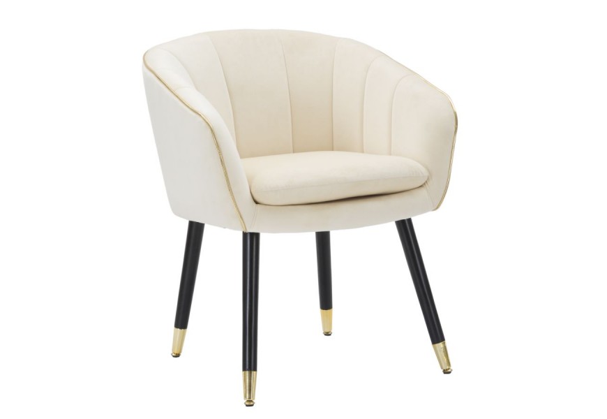 Designová art deco jídelní židle Aurelle oblého tvaru čalouněná textilií v béžové barvě s černými nožičkami se zlatými kovovými detaily
