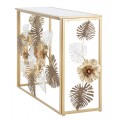 Designový glamour zlatý kovový konzolový stolek Florel s květinovou výzdobou v odstínech hnědé a bílé 113 cm