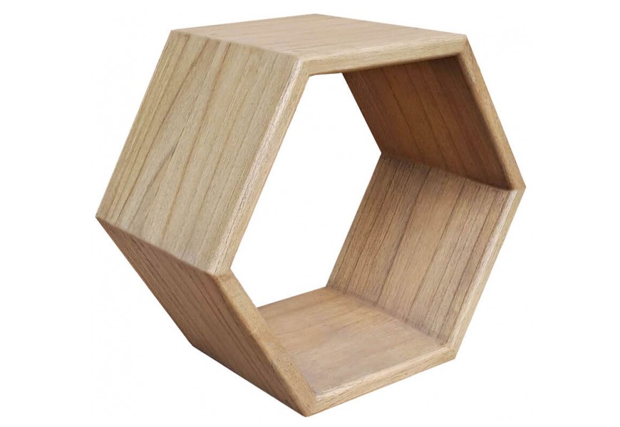 Designová severská hexagonová hnědá šestiúhelníková masivní atypická nástěnná police Bergen s otevřeným designem geometrického tvaru s hladkými hranami