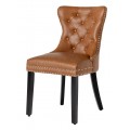 Rustikální chesterfield jídelní židle Torino s vysokým opěradlem s prošíváním s kulatými knoflíky se stříbrnými dekoračními nýty s hnědým ekokůženým čalouněním s černými dřevěnými nožičkami