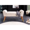 Designová art deco lavice Karen s béžovým čalouněním a hnědým dřevěnýma nohama se zlatými detaily 90 cm