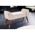 Designová art deco lavice Karen s béžovým čalouněním a hnědým dřevěnýma nohama se zlatými detaily 90 cm
