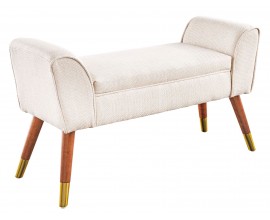 Designová art deco lavice Karen s béžovým čalouněním a hnědým dřevěnýma nohama se zlatými detaily 90 cm