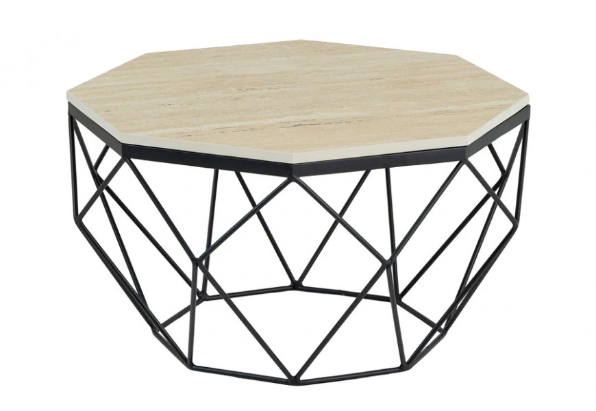 Designový konferenční stolek Adamantino s vrchní deskou v osmiúhelníkovém tvaru z travertinu s povrchem z epoxidu s konstrukcí v černé barvě s diamantovým vzorem