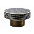 Art deco konferenční stolek Maran v kulatém tvaru s vrchní tlustou deskou s černým podkladem a geometrickým bílým kostním vykládáním bone inlay ve tvaru šestiúhelníků s válcovou nohou v tmavě lesklé měděné barvě