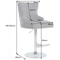 Art deco čalouněná šedá barová židle Lery se stříbrnou nastavitelnou nohou s vybýjenými detaily s klepátkem 130 cm