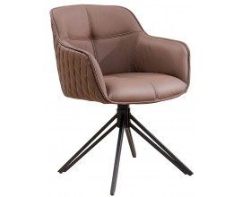 Designová otočná jídelní židle Lion s područkami v hnědé kůži s prošívaným vzorem a černou kovovou konstrukcí 82 cm