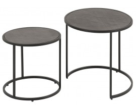 Designová sada kulatých konferenčních stolků Tenebra s tmavě šedými deskami v mramorovém dekoru a černou podstavou 62 cm