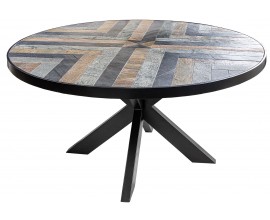 Designový kulatý jídelní stůl Mavro s vrchní deskou s mozaikovým vzorem v odstínech hnědé a šedé a nožičky z kovu 120 cm