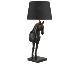 Moderní stolní lampa Equina s černým stínítkem se zlatým vnitřkem a černou akrylovou sochou koně na mramorové podstavě 75 cm