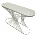 Designový art deco oválný konzolový stolek Fascinio se stříbrnou geometrickou podstavou a bílou mramorovou deskou 120 cm