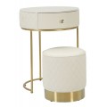 Designová glamour sada kulatého toaletního stolku a taburetky Glamia Tapisé s čalouněním z ekokůže s krémově béžovém odstínu s vrchní deskou s designem bílého mramoru se zásuvkou a podstavami z kovu ve zlaté barvě