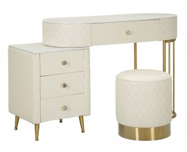 Glamour toaletn&iacute; sestava Glamia Tapise s diamantov&yacute;m vzorem a b&iacute;lou mramorovou deskou s kr&eacute;mov&yacute;m kožen&yacute;m čalouněn&iacute;m 120 cm