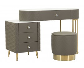 Glamour toaletní sestava Glamia Tapisé s čalouněním z hnědošedé ekokůže s diamantovým vzorem a bílou mramorovou deskou 120 cm