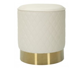 Art deco taburetka Glamia Tapis&eacute; v kulat&eacute;m tvaru z eko koze s diamantov&yacute;m vzorem v kr&eacute;mov&eacute; barvě s detailem z kovu ve zlat&eacute; barvě