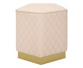 Art deco čalouněn&aacute; pěti&uacute;heln&iacute;kov&aacute; růžov&aacute; kožen&aacute; taburetka Glamia Tapis&eacute; s kosočtvercov&yacute;m vzorem a zlat&yacute;m detailem 38 cm